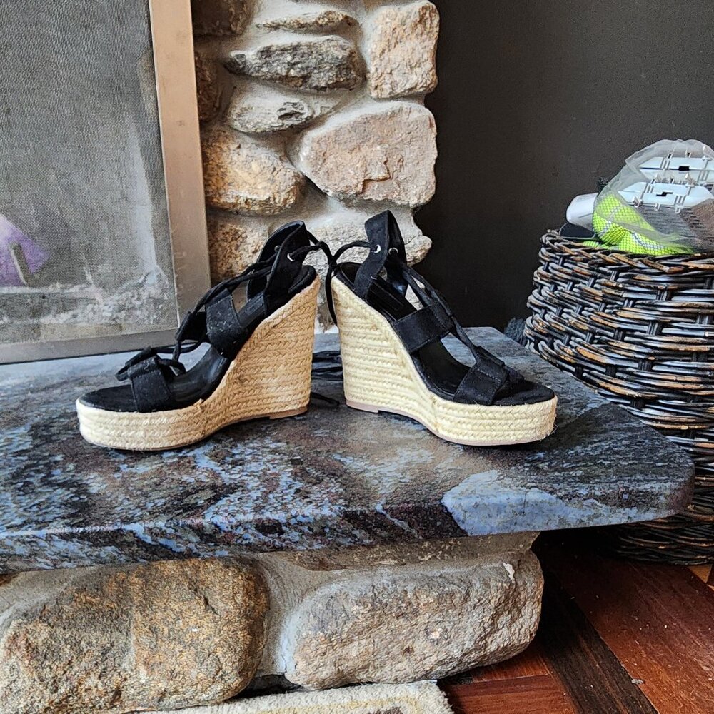 Forever 21 Black Faux Suede Wedge Espadrille Sandals Size 7 - Picture 12 of 16